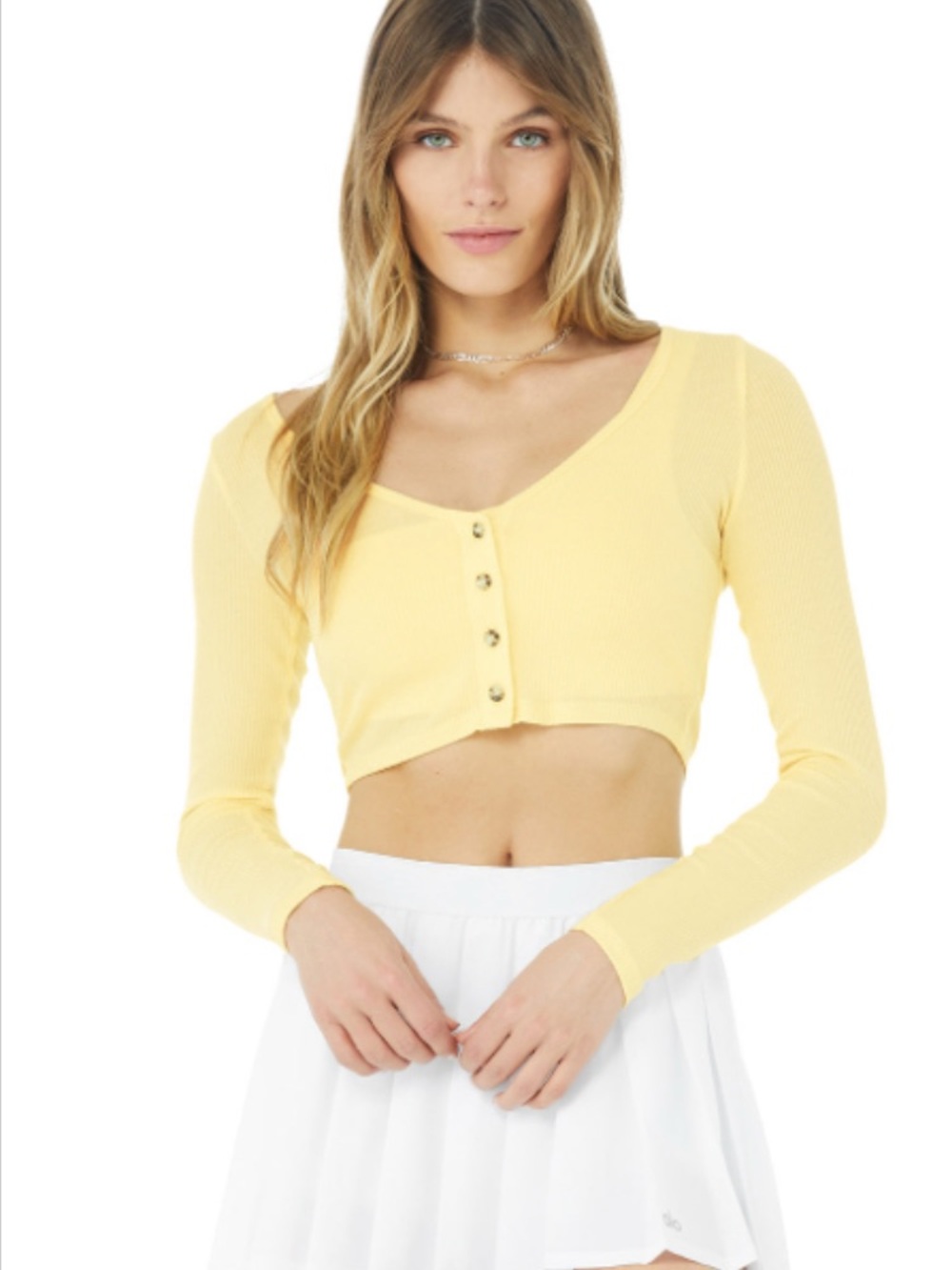 ALO Yoga Yellow Ribbed Cropped Whisper Button Cardigan BUTTERCUP BNWT SMALL